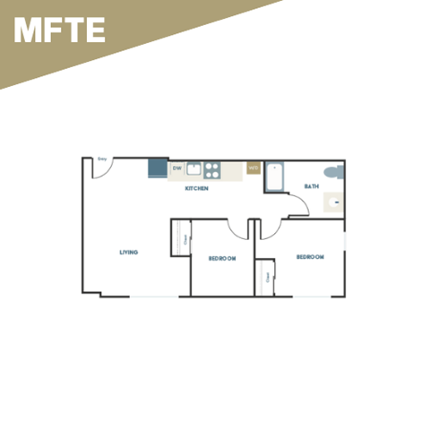 A floor plan of a house with a kitchen, bath, living room, and two bedrooms.